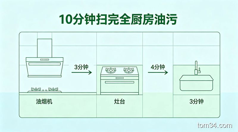 出租屋厨房清洁动线示意图，箭头标注从油烟机到灶台到水槽的清洁顺序，每个区域旁标对应耗时，风格清新简约，配文字「10分钟扫完全厨房油污」，突出高效