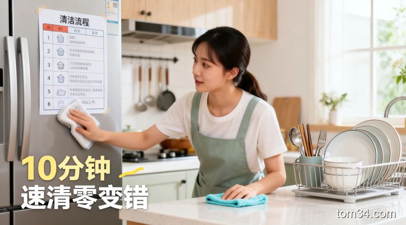 快速清洁厨房，动作流畅，清洁后的厨房干净明亮