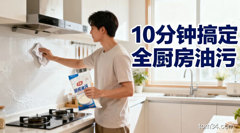 普通人站在厨房内，仅拿着一块抹布和面粉袋做清洁的动作，旁边配