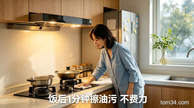 年轻女生饭后轻松用抹布擦拭有余温的浅色灶台，动作随意不费力，灶台上无厚重油污，厨房采光好
