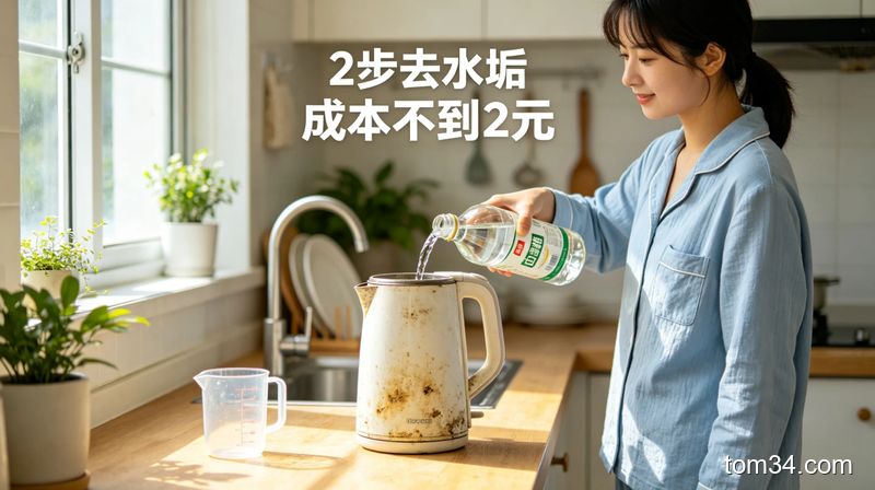 用户往热水瓶里倒白醋清洁水垢的操作场景，展示简易厨房清洁步骤