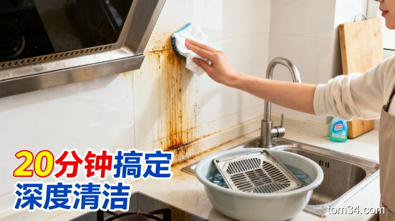 整洁的厨房角落场景，手拿着蘸了洗洁精的湿巾擦厨房墙面油污，旁边水盆里泡着抽油烟机滤网，画面标注‘20分钟搞定深度清洁’文字，风格轻松生活化，突出高效不费力