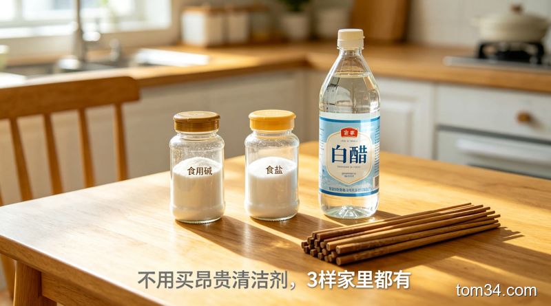 清新明亮生活化厨房餐桌场景，桌面上整齐摆着食用碱、食盐、白醋三个普通家用调料瓶，旁边放一捆旧筷子，图片配文字「不用买昂贵清洁剂，3样家里都有」，突出低成本零额外消费