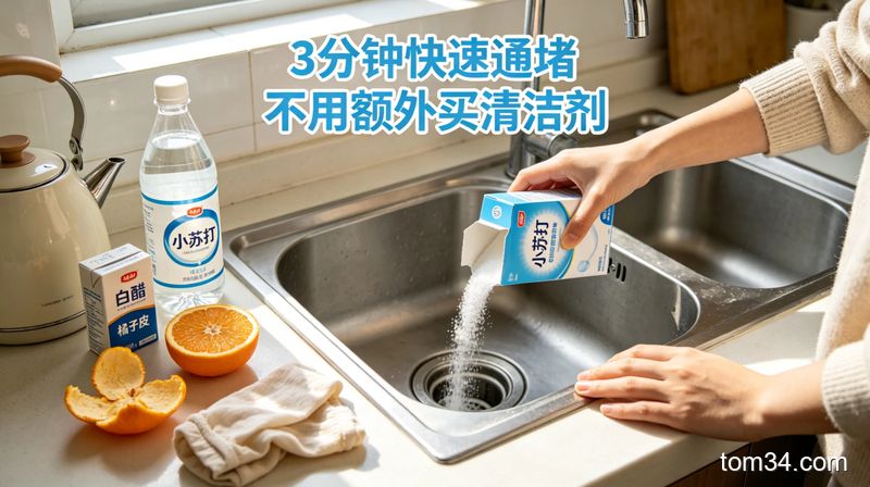 整洁的厨房台面，摆放着1杯小苏打、半杯白醋、一壶开水三样日常物品，旁边附3步简单操作的手绘示意图，风格：清新明亮生活化，关键元素：配文字标注“3样家常物”“5分钟疏通”“零难度”，突出操作简单