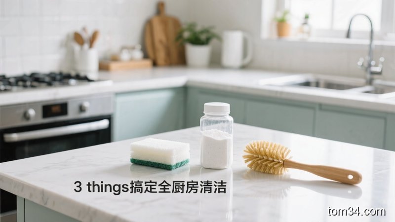 3样厨房清洁常备品：小苏打、软海绵、棕榈刷，摆放在整洁的厨房台面上