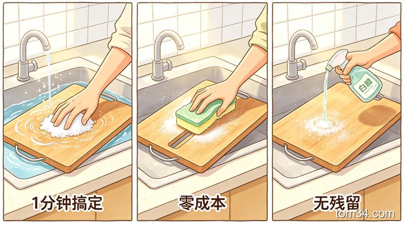 明亮厨房台面场景，分三格漫画式展示3步清洁菜板的动作：第一格手抓食盐搓洗冲过开水的菜板，第二格用百洁布沾小苏打擦菜板缝隙，第三格喷白醋静置菜板，每格配文字标注「1分钟搞定」「零成本」「无残留」，风格清新生活化，突出简单易操作
