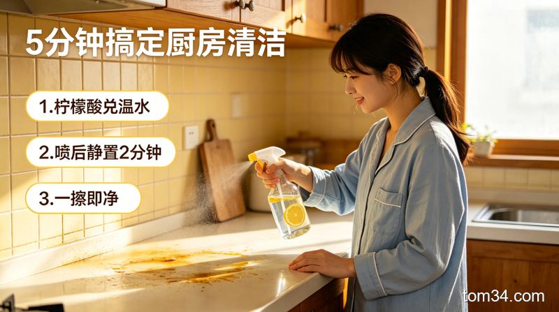 温馨家庭厨房场景，女生用装了柠檬酸溶液的喷壶喷台面油污，旁边配3步动作标注：「1.柠檬酸兑温水 2.喷后静置2分钟 3.一擦即净」，配文字「5分钟搞定厨房清洁」，突出简单快手、无需复杂工具