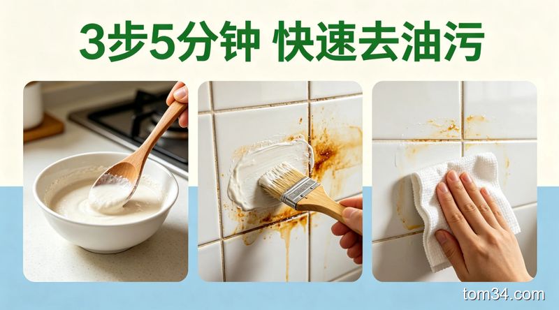 清新明亮生活化风格，依次展示调面粉糊、抹面糊到瓷砖油污处、蘸白酒抹布擦拭的3步动作，配文字「3步5分钟 快速去油污」，突出操作简单好上手