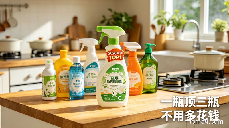 12款热门油污清洁产品摆放在白色厨房台面上，旁边放着实测打分记录表，光线明亮的生活化场景
