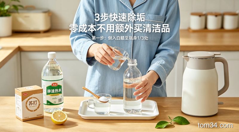 内壁结满水垢的旧热水瓶放在厨房台面上，旁边放着硬毛刷和皱巴巴的除垢剂包装