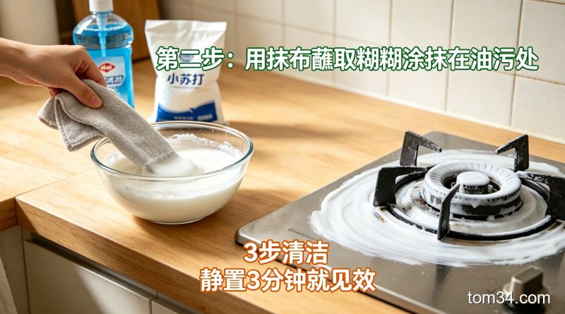 手拿着搅拌好的小苏打洗洁精清洁糊，旁边放着量勺、小碗、半瓶洗洁精、小苏打粉