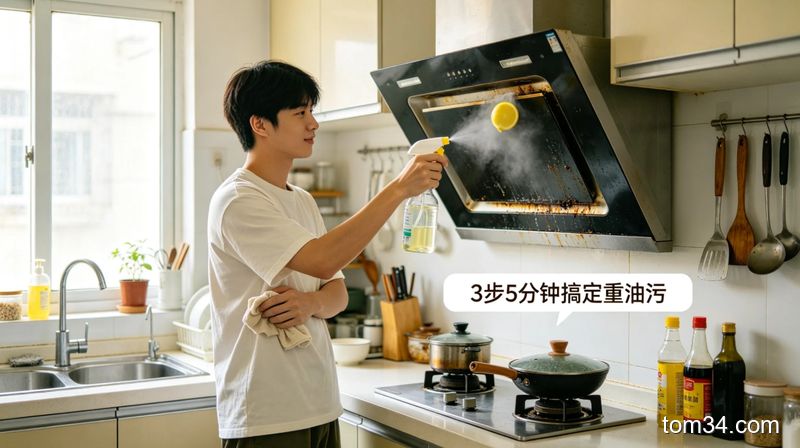 安芭树香氛油污清洁剂实测对比图，左侧是未清洁的布满油污的抽油烟机滤网，右侧是喷完清洁剂擦拭后的干净滤网