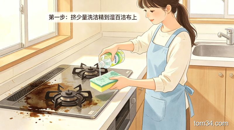 清新明亮生活化厨房场景，3步连贯动作拆分展示：1.挤少量洗洁精到湿百洁布上 2.擦拭灶台重油污处 3.用湿抹布擦净收尾，配文字标注「3步5分钟去重油污」，动作简单易懂，突出易操作