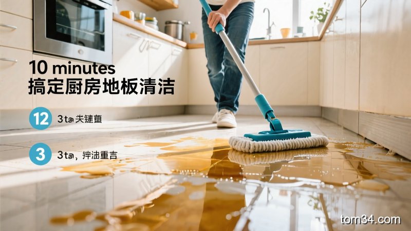 女生按三步法清洁厨房地板的流程示意图，标注三个步骤，画面干净明亮