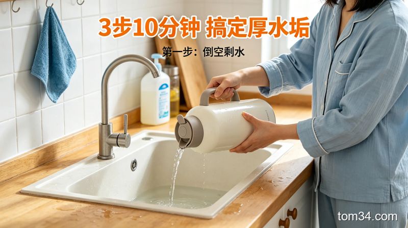 干净透亮的热水瓶放在整洁的厨房台面上，旁边放着绿植，干净清爽的厨房清洁后场景
