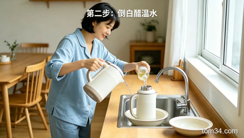 家用普通热水瓶内壁布满黄褐色陈年老水垢的特写