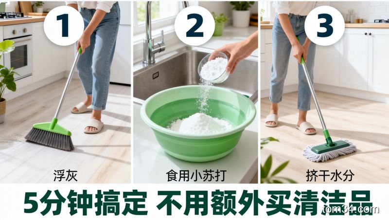 清新明亮生活化厨房场景，依次展示3步快速拖地动作：1.用扫把扫浮灰 2.往洗地水里加食用小苏打 3.用挤干的拖布拖地，配文字「5分钟搞定 不用额外买清洁品」，突出简单快速高效