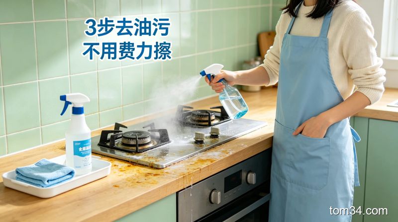 有轻微顽固油污的厨房灶台场景，博主展示3步清洁动作：喷食用碱温水溶液、静置2分钟、抹布一擦即净，配文字标注「3步去油污 不用费力擦」，风格清新实用，突出快速易操作