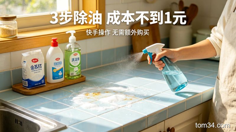 普通家庭厨房台面，摆放着小苏打、洗洁精、喷壶三种家中常见物品，手拿着喷壶往瓷砖油污处喷洒，风格：清新明亮生活化，关键元素：配文字标注「3步除油 成本不到1元」，突出快手、无需额外购买用品