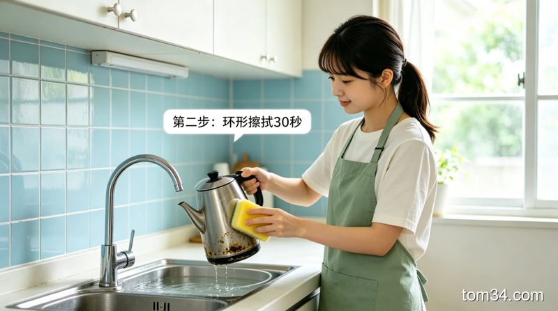 年轻女生手持沾水的去水垢海绵轻松擦拭烧水壶内壁水垢的生活化场景，动作舒展不费力
