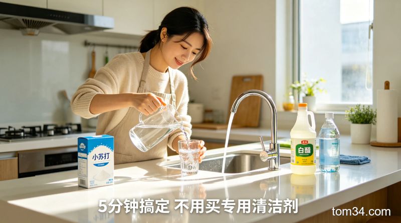 清新明亮生活化风格，厨房台面清洁场景，普通人依次做倒温热水、加小苏打白醋、冲清水的3步清洁动作，旁边摆放小苏打、白醋家用常见物品，配有文字标注「5分钟搞定 不用买专用清洁剂」，突出简单快速低成本