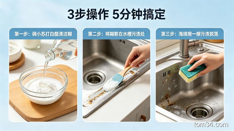 清新明亮生活化厨房水槽场景，3步清洁分解图：第一步调小苏打白醋清洁糊，第二步将糊敷在水槽污渍处，第三步海绵擦一擦污渍脱落，配文字「3步操作 5分钟搞定」，突出简单快速特点