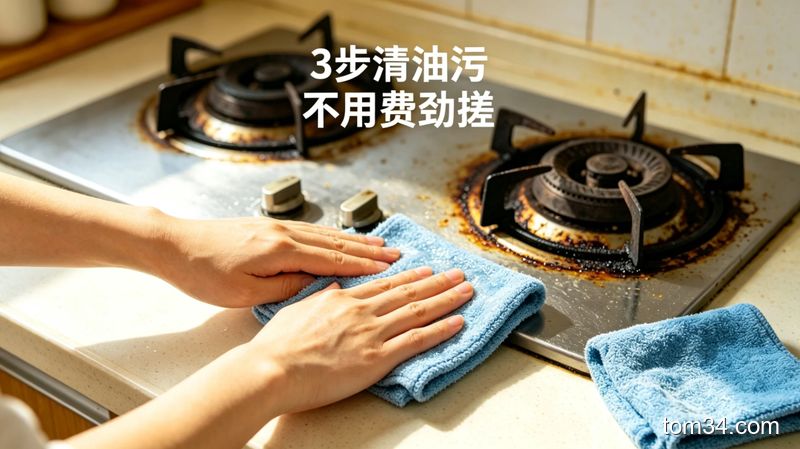 厨房清洁操作细节展示，干净的抹布擦拭完成后的灶台表面，光可鉴人没有残留
