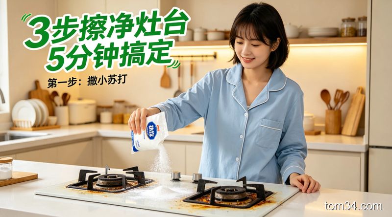 整洁厨房台面上摆放着小苏打、白醋、面粉等家用清洁材料