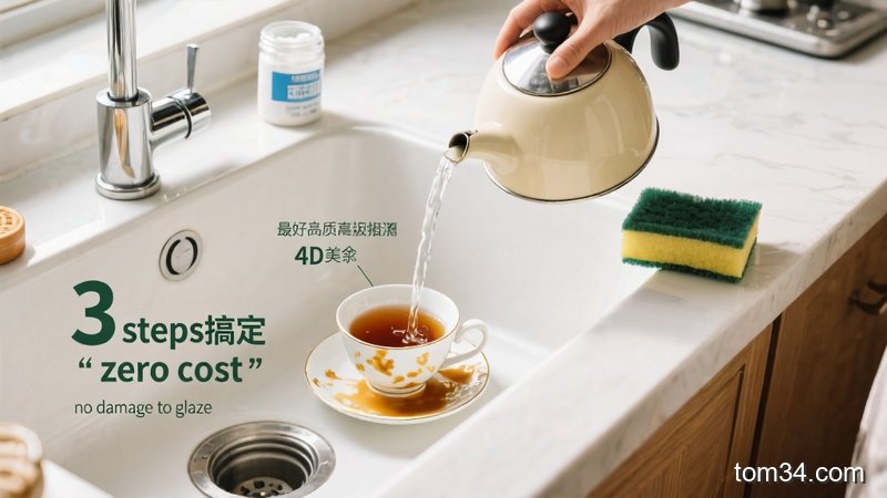 女生喝完茶后站在厨房水槽边，顺手冲洗陶瓷茶杯的生活化场景