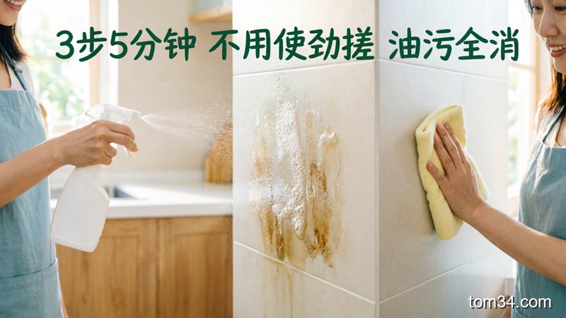 场景：厨房油污瓷砖清洁全过程同框，第一步喷清洁液、第二步清洁液溶解油污冒泡、第三步抹布轻轻一擦瓷砖变干净，风格：清新明亮生活化，关键元素：配文字「3步5分钟 不用使劲搓 油污全消」，突出轻松高效