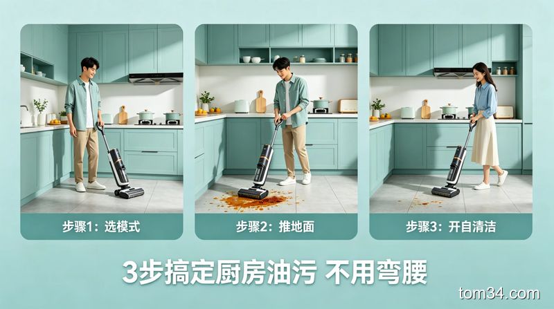 操作洗地机清洁厨房油污的三步流程示意图