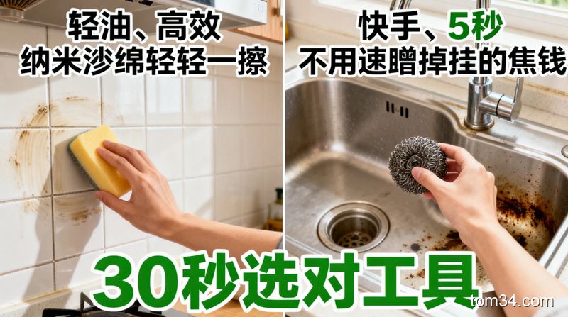 有轻油污的厨房瓷砖墙面+有焦垢的不锈钢水槽，左侧人物拿纳米海绵3秒擦掉瓷砖油污，右侧人物拿钢丝球5秒蹭掉水槽焦垢，风格清新明亮生活化，配中文文字「30秒选对工具」，突出快手、高效、不用额外花钱