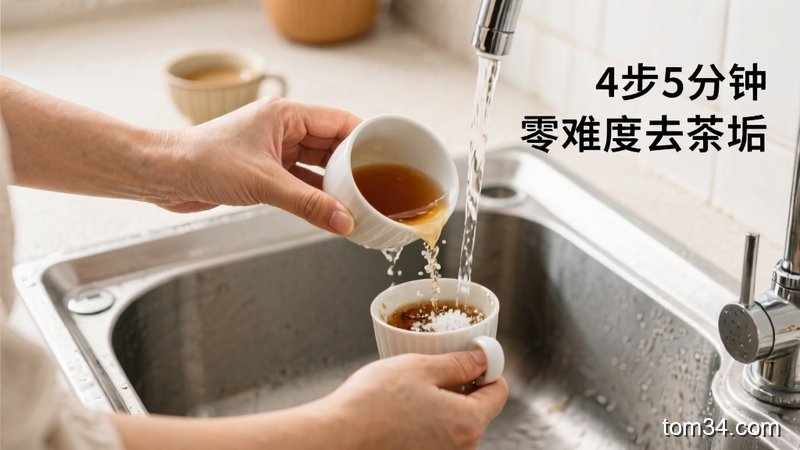 用户手持海绵搓洗撒了食盐的带茶垢玻璃杯的生活化场景