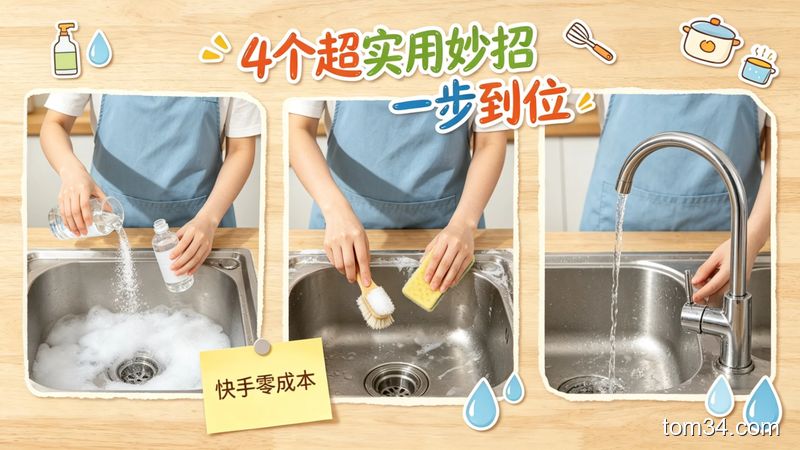 清新明亮生活化有娃家庭厨房拼贴场景，分别展示柚子皮放冰箱、食盐搓菜板、抹油封保鲜膜、小苏打白醋冲水槽4个动作，图片标注文字「4个超实用妙招 一步到位」，突出快手零成本