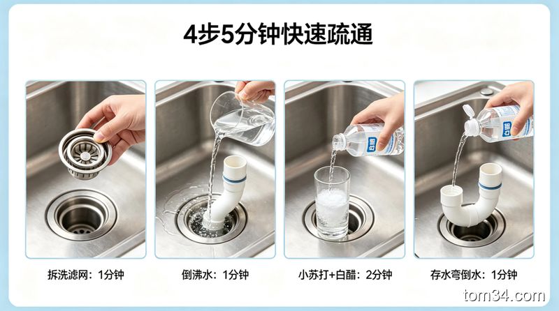 厨房水槽管道操作特写，分四个小格子依次展示拆洗滤网、倒沸水进管道、倒小苏打加白醋、往存水弯倒水的四个简单动作，每个动作旁边标注对应时长，画面加文字标注「4步5分钟快速疏通」，风格清新干净，无复杂道具