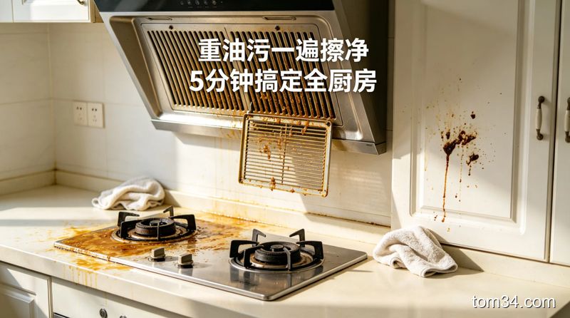 租房厨房灶台、油烟机、橱柜油污清洁前后对比拼图，标注厨房清洁技巧