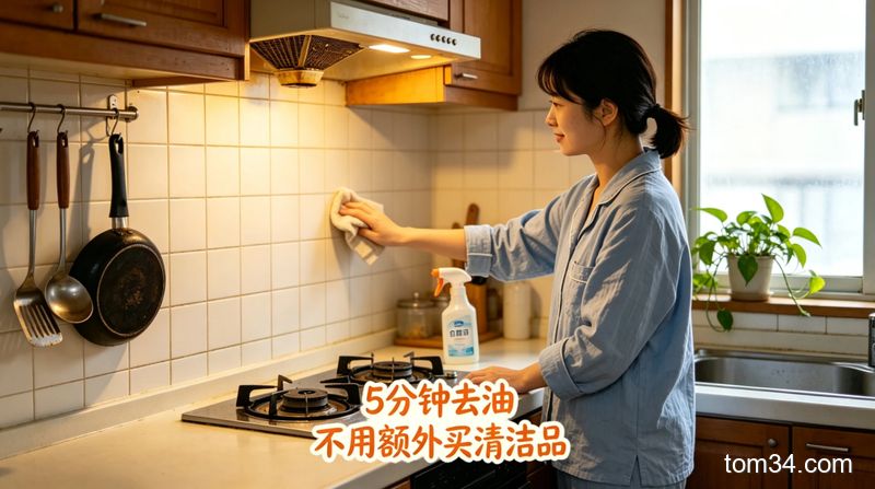 明亮整洁的合租公共厨房，台面上摆放着小苏打、白醋、洗洁精等常用清洁用品