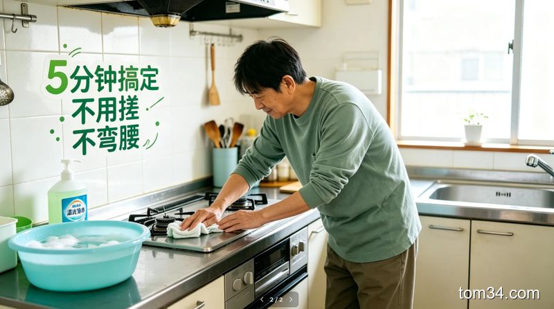 出租屋灶台旁，腰不好的中老年人/租房年轻人站着做清洁，依次做抹温洗洁精水、等待静置、轻轻擦油污三个动作，清新明亮生活化，标注5分钟搞定 不用搓 不弯腰