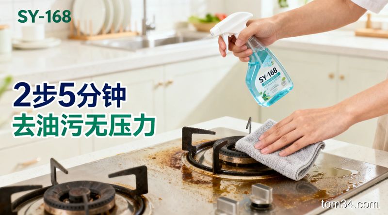 普通人双手清洁灶台的动作，一手拿SY-168喷壶，一手拿普通抹布，旁边配文字&ldquo;2步5分钟 去油污无压力&rdquo;，清新明亮居家风格，突出操作简单快速