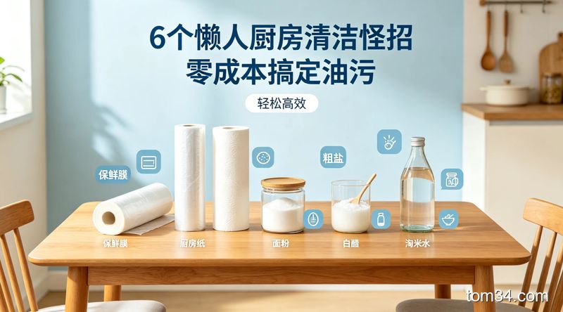 清新明亮居家风汇总图，摆着保鲜膜、厨房纸、面粉、粗盐、白醋、淘米水6种清洁材料，配醒目标注「6个懒人厨房清洁怪招 零成本搞定油污」，突出轻松高效