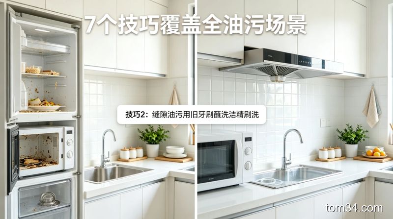 展示厨房各个油污重灾区：灶台、抽油烟机、瓷砖、水槽，旁边标注对应清洁技巧