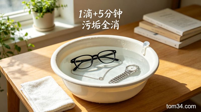 清新明亮生活化居家场景，桌面上放着半盆温清水，水里泡着黑框眼镜、银项链、金属手表链，盆边挤了1滴洗洁精，放着一块软擦布，图片配文字标注「1滴+5分钟 污垢全消」，风格温馨日常，突出低成本操作