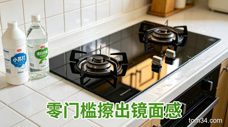 清新明亮生活化风格，刚清洁完的厨房灶台、地面亮到能反光的镜面效果特写，旁边摆着小苏打、白醋两瓶普通家用物品，配文字标注“零门槛擦出镜面感”，突出低成本高效