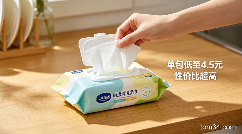 用完清洁湿巾后白皙水润的手部特写，背景是整洁的厨房台面