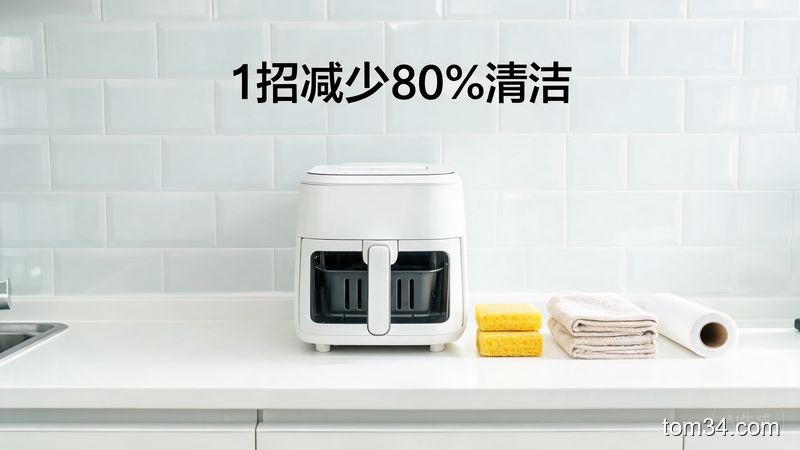 清新明亮厨房收纳场景，擦干净的空气炸锅炸篮整齐放回机身，旁边摆着软菜瓜布、干抹布、厨房油纸，配文字标注「1招减少80%清洁」，风格简约生活化，突出懒人友好