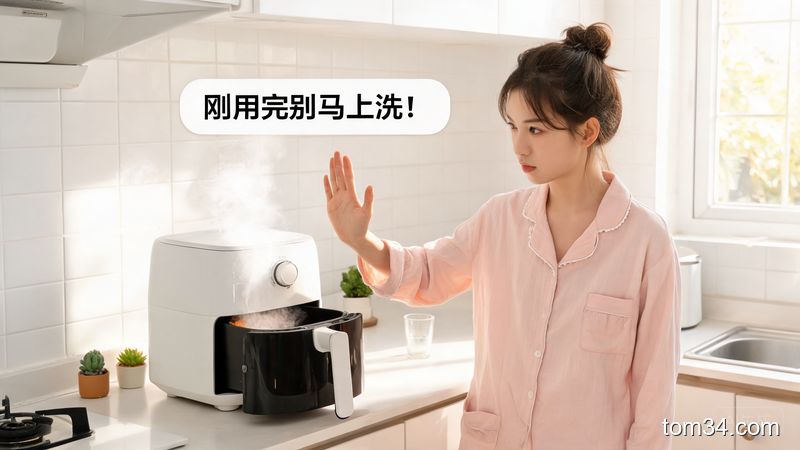 清新明亮生活化厨房场景，人物对着刚用完还在冒热气的空气炸锅摆手拒绝，配文字标注「刚用完别马上洗！」，风格温馨接地气，突出简单避坑无成本