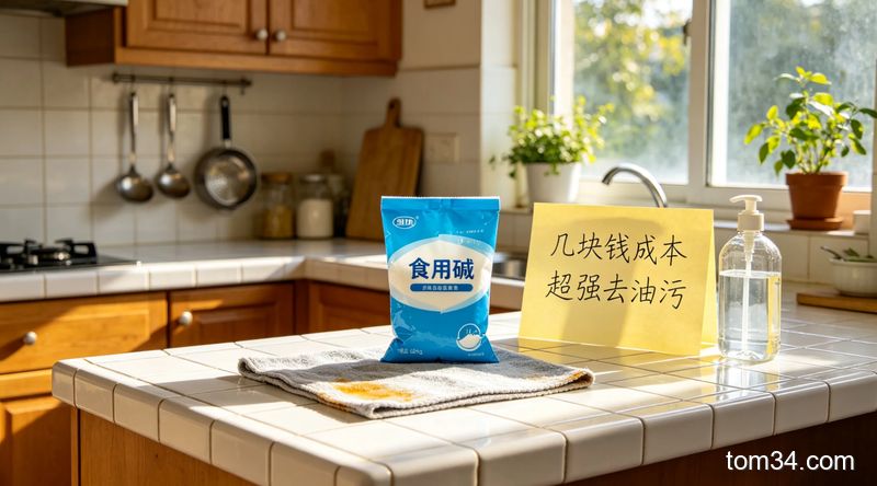 清新明亮生活化厨房场景，台面上摆放袋装食用碱、普通棉抹布，旁边配醒目文字标注“几块钱成本 超强去油污”，风格接地气