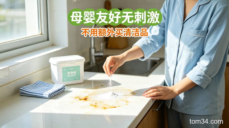 场景：厨房台面上有轻微油污，主体动作：宝妈往油污处撒食用碱，旁边只有食用碱盒和湿抹布，无其他刺激性清洁剂，风格清新明亮，关键元素：标注“母婴友好无刺激”“不用额外买清洁品”文字