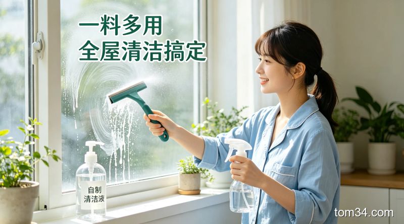自制清洁液分别喷在卫生间瓷砖、地板、玻璃上的多场景展示，突出清洁用品多用性