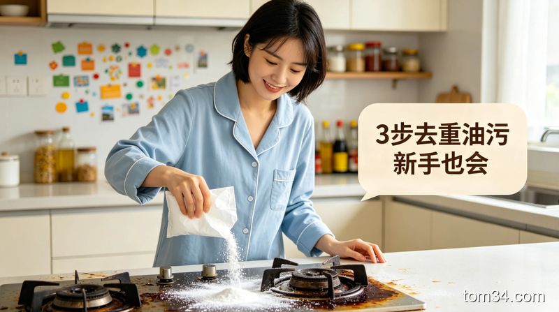清新明亮生活化风格，普通人往厨房油污台面上撒小苏打、倒白醋的操作特写，白醋和小苏打反应冒泡的清晰画面，配文字标注“3步去重油污 新手也会”，突出简单快手